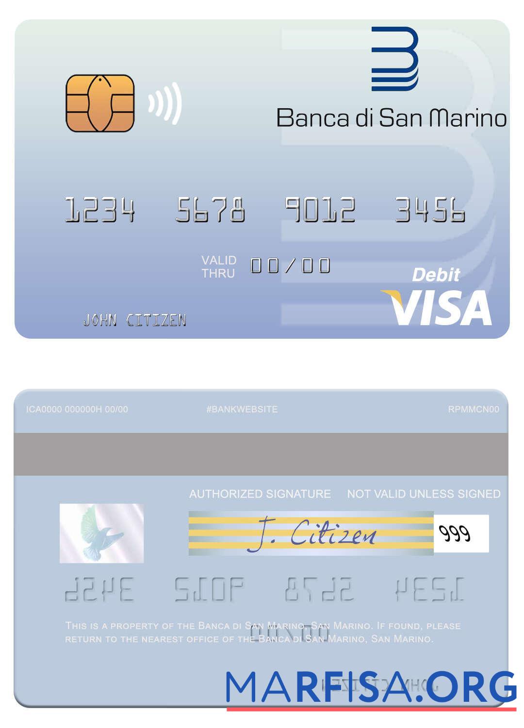 Blank San Marino Banca di San Marino visa debit card example